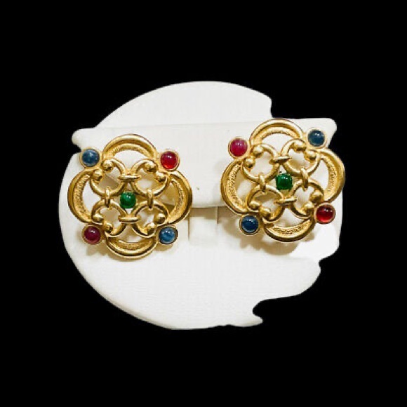 Trifari TM Gripoix Style Earrings Multicolor Jewel Of India Lucite Cabochon Post - Picture 2 of 5